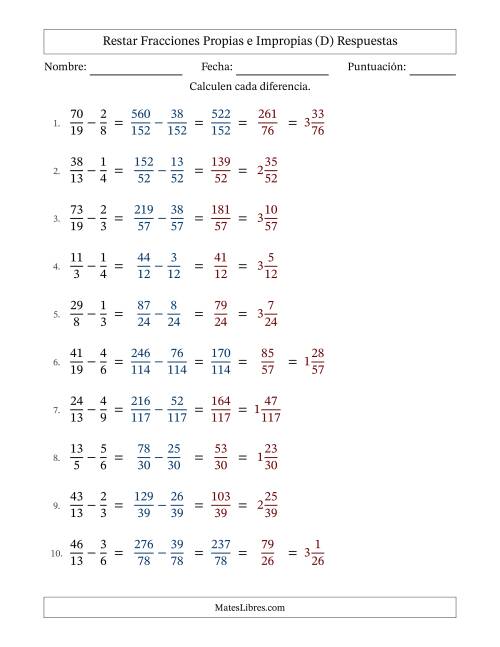 La hoja de ejercicios de Restar fracciones propias e impropias con denominadores diferentes, resultados en fracciones mixtas y con alguna simplificación (Rellenable) (D) Página 2