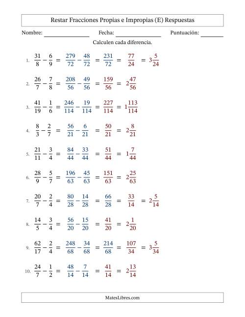La hoja de ejercicios de Restar fracciones propias e impropias con denominadores diferentes, resultados en fracciones mixtas y con alguna simplificación (Rellenable) (E) Página 2