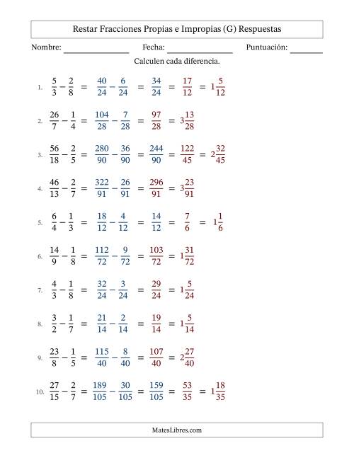 La hoja de ejercicios de Restar fracciones propias e impropias con denominadores diferentes, resultados en fracciones mixtas y con alguna simplificación (Rellenable) (G) Página 2