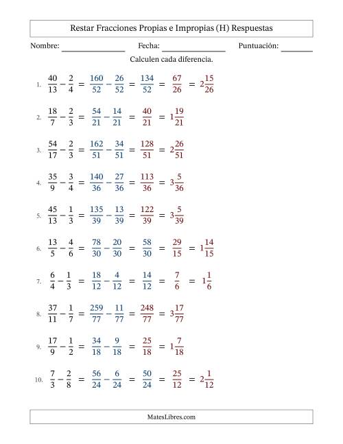 La hoja de ejercicios de Restar fracciones propias e impropias con denominadores diferentes, resultados en fracciones mixtas y con alguna simplificación (Rellenable) (H) Página 2