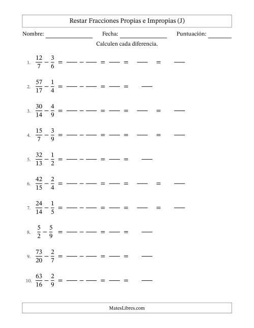 La hoja de ejercicios de Restar Fracciones con Denominadores Diferentes -- Restar Fracciones Impropias con Resultado de Fracciones Mixtas (J)