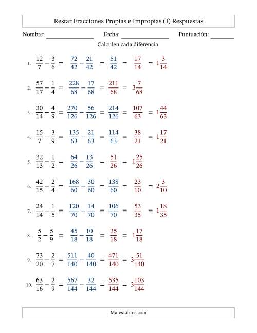 La hoja de ejercicios de Restar fracciones propias e impropias con denominadores diferentes, resultados en fracciones mixtas y con alguna simplificación (Rellenable) (J) Página 2