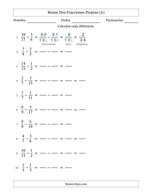 La hoja de ejercicios de Restar dos fracciones propias con denominadores diferentes, resultados en fracciones propias y con alguna simplificación (Rellenable) (Todas)
