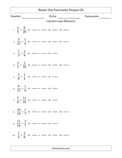 La hoja de ejercicios de Restar Fracciones con Denominadores Sencillos -- Restar Fracciones Propias (B)