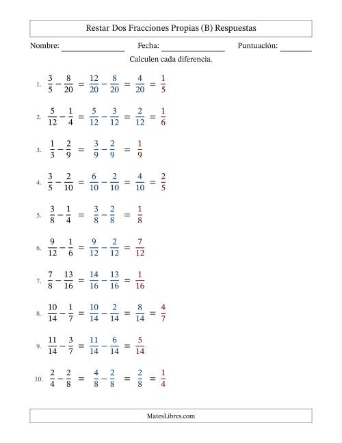 La hoja de ejercicios de Restar Fracciones con Denominadores Sencillos -- Restar Fracciones Propias (B) Página 2