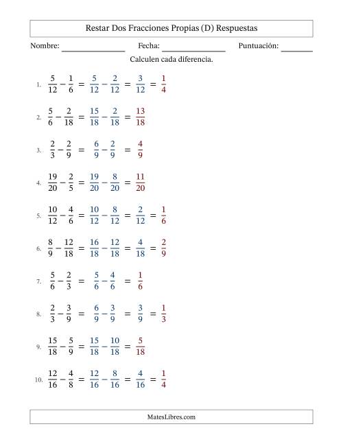 La hoja de ejercicios de Restar dos fracciones propias con denominadores similares, resultados en fracciones propias y con alguna simplificación (Rellenable) (D) Página 2