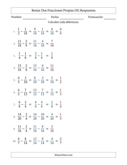 La hoja de ejercicios de Restar dos fracciones propias con denominadores similares, resultados en fracciones propias y con alguna simplificación (Rellenable) (H) Página 2