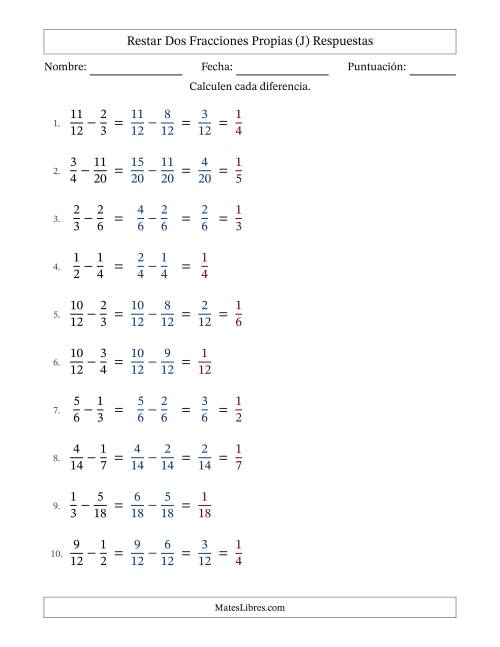 La hoja de ejercicios de Restar dos fracciones propias con denominadores similares, resultados en fracciones propias y con alguna simplificación (Rellenable) (J) Página 2