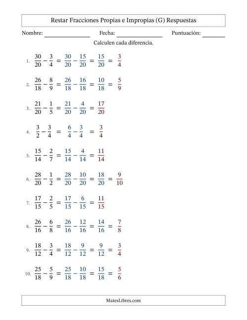 La hoja de ejercicios de Restar fracciones propias e impropias con denominadores similares, resultados en fracciones propias y con alguna simplificación (Rellenable) (G) Página 2
