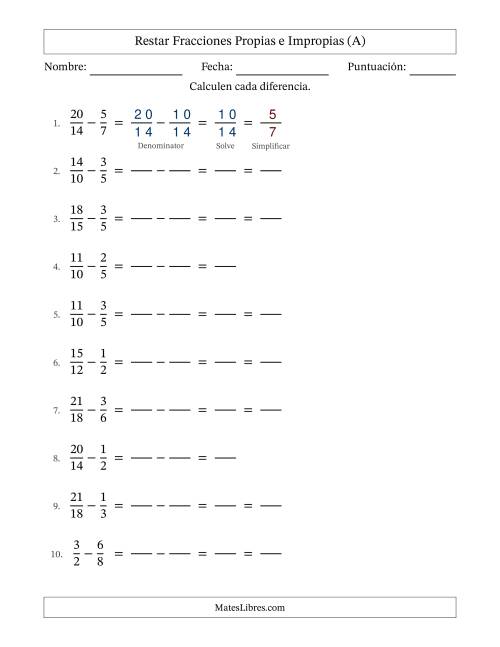 La hoja de ejercicios de Restar fracciones propias e impropias con denominadores similares, resultados en fracciones propias y con alguna simplificación (Rellenable) (Todas)