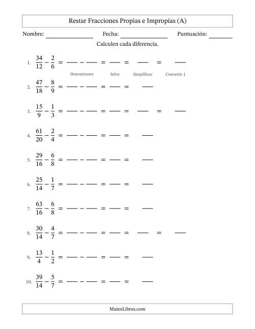 La hoja de ejercicios de Restar Fracciones con Denominadores Sencillos -- Restar Fracciones Impropias con Resultado de Fracciones Mixtas (A)