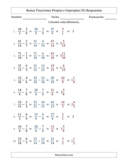 La hoja de ejercicios de Restar Fracciones con Denominadores Sencillos -- Restar Fracciones Impropias con Resultado de Fracciones Mixtas (D) Página 2