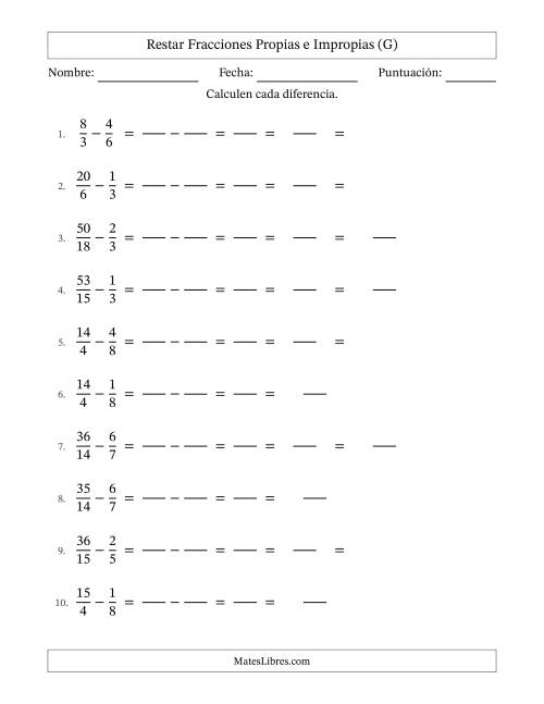La hoja de ejercicios de Restar Fracciones con Denominadores Sencillos -- Restar Fracciones Impropias con Resultado de Fracciones Mixtas (G)