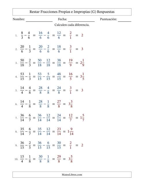 La hoja de ejercicios de Restar fracciones propias e impropias con denominadores similares, resultados en fracciones mixtas y con alguna simplificación (Rellenable) (G) Página 2