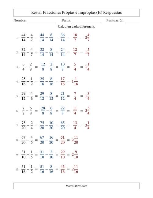 La hoja de ejercicios de Restar fracciones propias e impropias con denominadores similares, resultados en fracciones mixtas y con alguna simplificación (Rellenable) (H) Página 2