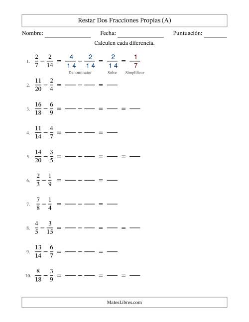 La hoja de ejercicios de Restar dos fracciones propias con denominadores similares, resultados en fracciones propias y con alguna simplificación (Rellenable) (Todas)