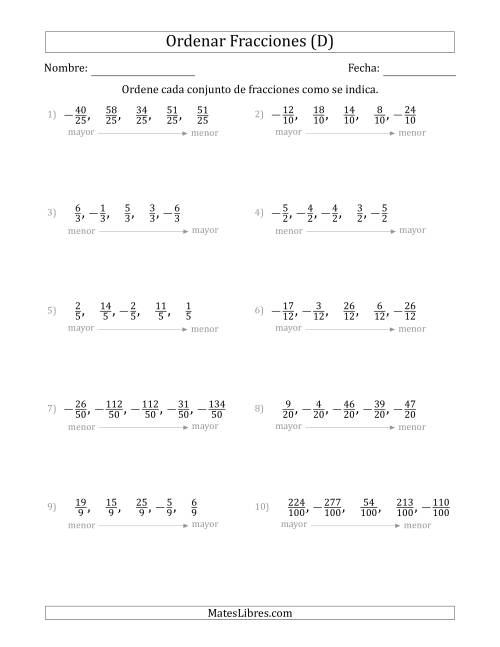 La hoja de ejercicios de Ordenar Conjuntos de Cinco Fracciones Positivas y Negativas, con Denominadores Similares (D)