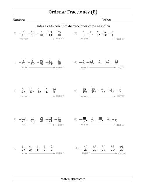 La hoja de ejercicios de Ordenar Conjuntos de Cinco Fracciones Positivas y Negativas, con Denominadores Similares (E)
