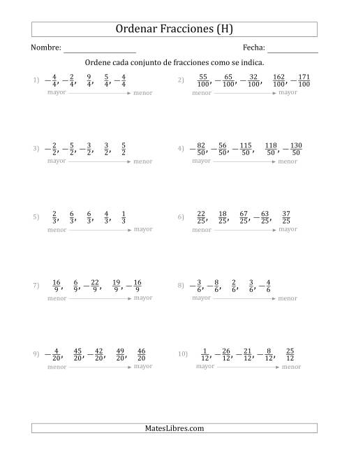 La hoja de ejercicios de Ordenar Conjuntos de Cinco Fracciones Positivas y Negativas, con Denominadores Similares (H)