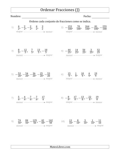 La hoja de ejercicios de Ordenar Conjuntos de Cinco Fracciones Positivas y Negativas, con Denominadores Similares (J)