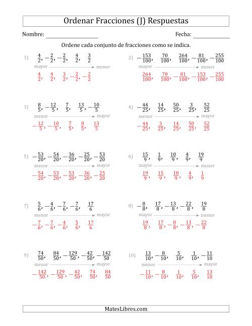 La hoja de ejercicios de Ordenar Conjuntos de Cinco Fracciones Positivas y Negativas, con Denominadores Similares (J) Página 2