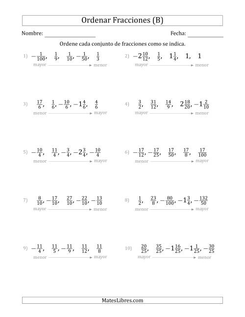 La hoja de ejercicios de Ordenar Conjuntos de Cinco Fracciones Positivas y Negativas, Impropias y Mixtas (B)