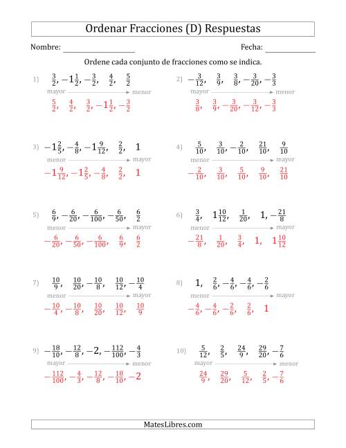 La hoja de ejercicios de Ordenar Conjuntos de Cinco Fracciones Positivas y Negativas, Impropias y Mixtas (D) Página 2