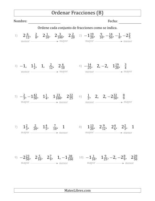 La hoja de ejercicios de Ordenar Conjuntos de Cinco Fracciones Mixtas, Positivas y Negativas (B)