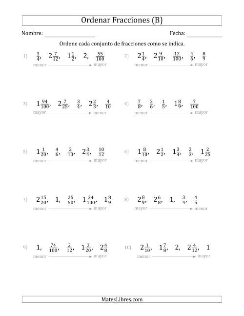 La hoja de ejercicios de Ordenar Conjuntos de Cinco Fracciones Positivas Mixtas (B)