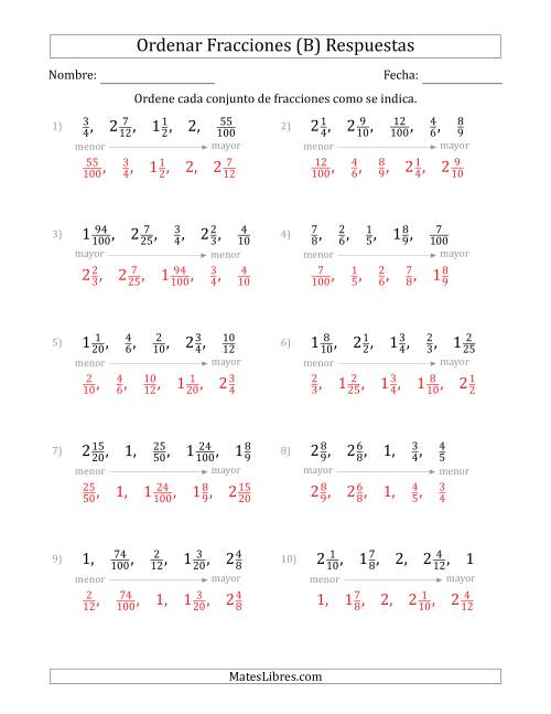 La hoja de ejercicios de Ordenar Conjuntos de Cinco Fracciones Positivas Mixtas (B) Página 2