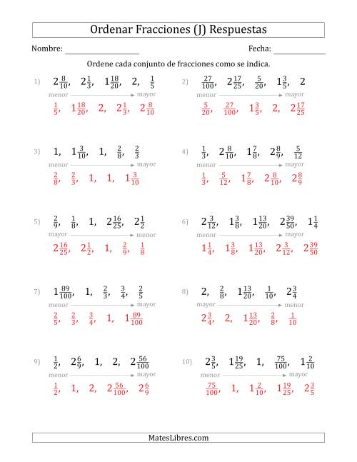 La hoja de ejercicios de Ordenar Conjuntos de Cinco Fracciones Positivas Mixtas (J) Página 2