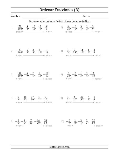 La hoja de ejercicios de Ordenar Conjuntos de Cinco Fracciones Propias, Positivas y Negativas (B)