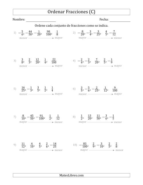 La hoja de ejercicios de Ordenar Conjuntos de Cinco Fracciones Propias, Positivas y Negativas (C)