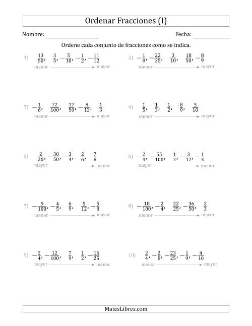 La hoja de ejercicios de Ordenar Conjuntos de Cinco Fracciones Propias, Positivas y Negativas (I)