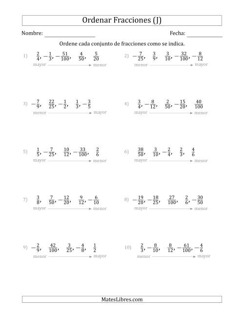 La hoja de ejercicios de Ordenar Conjuntos de Cinco Fracciones Propias, Positivas y Negativas (J)