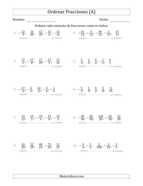 La hoja de ejercicios de Ordenar Conjuntos de Cinco Fracciones Positivas y Negativas, con Numeradores o Denominadores Similares (A)
