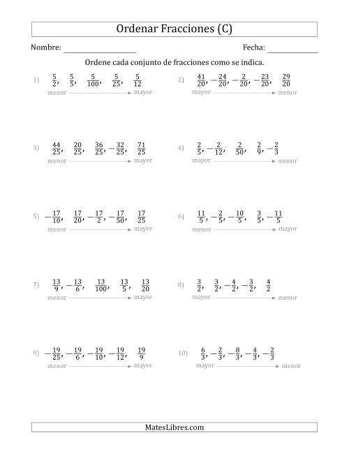 La hoja de ejercicios de Ordenar Conjuntos de Cinco Fracciones Positivas y Negativas, con Numeradores o Denominadores Similares (C)