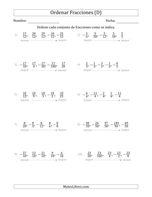 La hoja de ejercicios de Ordenar Conjuntos de Cinco Fracciones Positivas y Negativas, con Numeradores o Denominadores Similares (D)