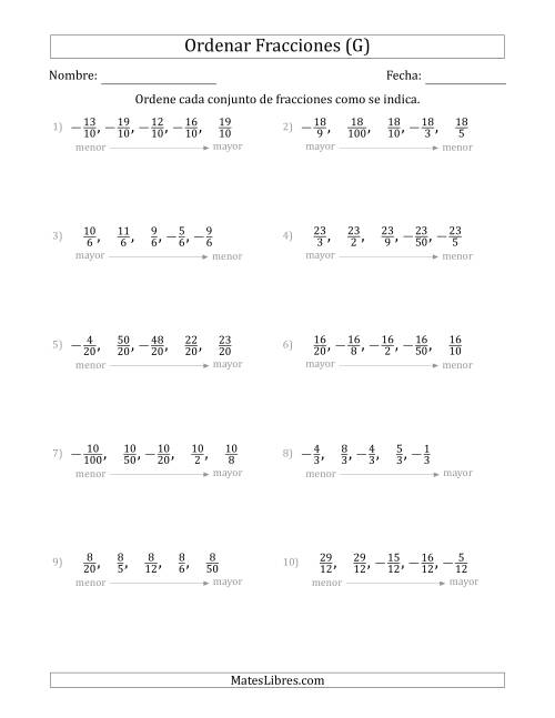 La hoja de ejercicios de Ordenar Conjuntos de Cinco Fracciones Positivas y Negativas, con Numeradores o Denominadores Similares (G)