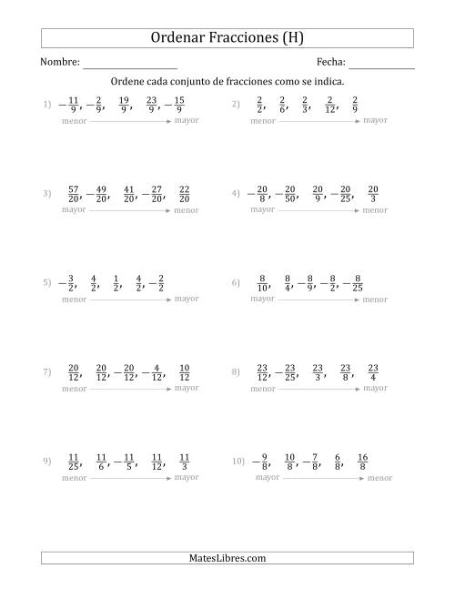 La hoja de ejercicios de Ordenar Conjuntos de Cinco Fracciones Positivas y Negativas, con Numeradores o Denominadores Similares (H)