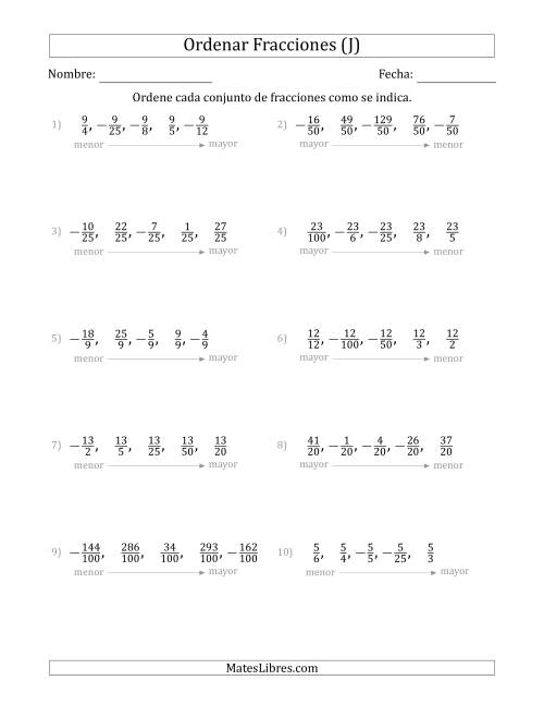 La hoja de ejercicios de Ordenar Conjuntos de Cinco Fracciones Positivas y Negativas, con Numeradores o Denominadores Similares (J)