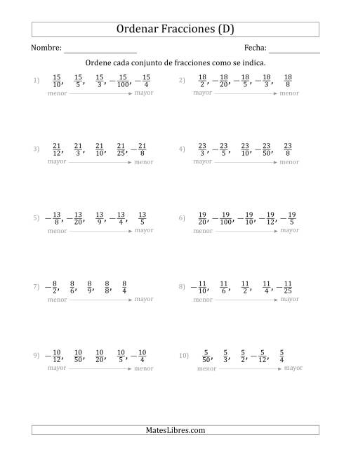 La hoja de ejercicios de Ordenar Conjuntos de Cinco Fracciones Positivas y Negativas, con Numeradores Similares (D)