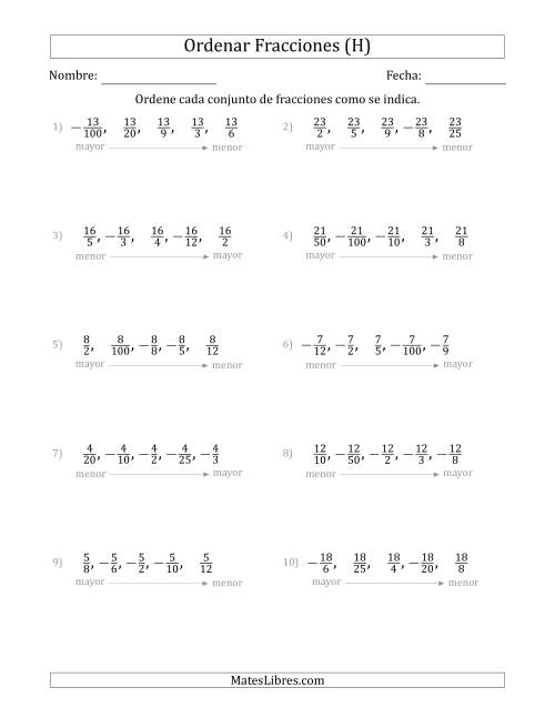 La hoja de ejercicios de Ordenar Conjuntos de Cinco Fracciones Positivas y Negativas, con Numeradores Similares (H)