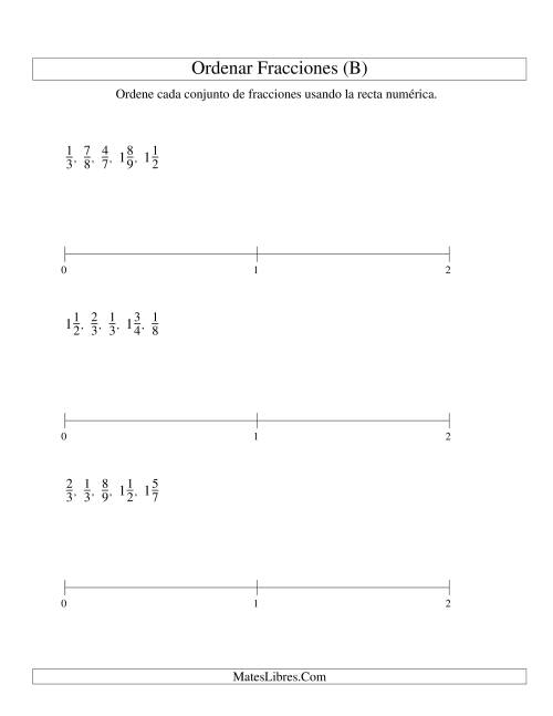 La hoja de ejercicios de Ordenar Fracciones en una Recta Numérica, Denominadores Hasta 10 (B)