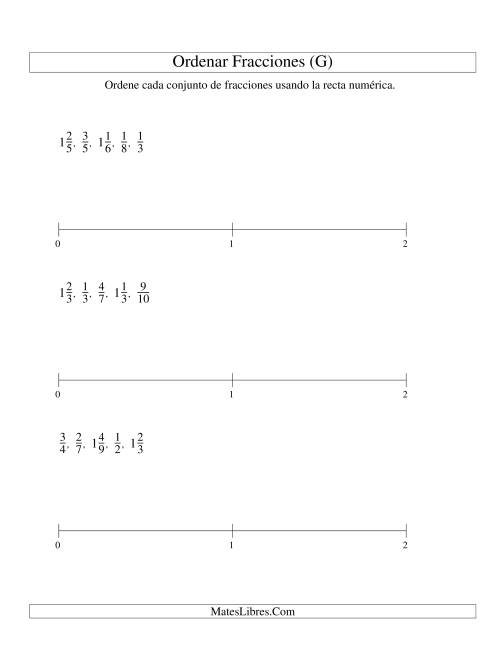 La hoja de ejercicios de Ordenar Fracciones en una Recta Numérica, Denominadores Hasta 10 (G)