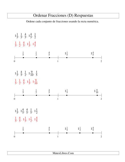 La hoja de ejercicios de Ordenar Fracciones en una Recta Numérica, Denominadores Sencillos Hasta 10 (D) Página 2