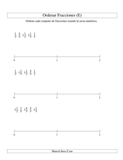 La hoja de ejercicios de Ordenar Fracciones en una Recta Numérica, Denominadores Sencillos Hasta 10 (E)
