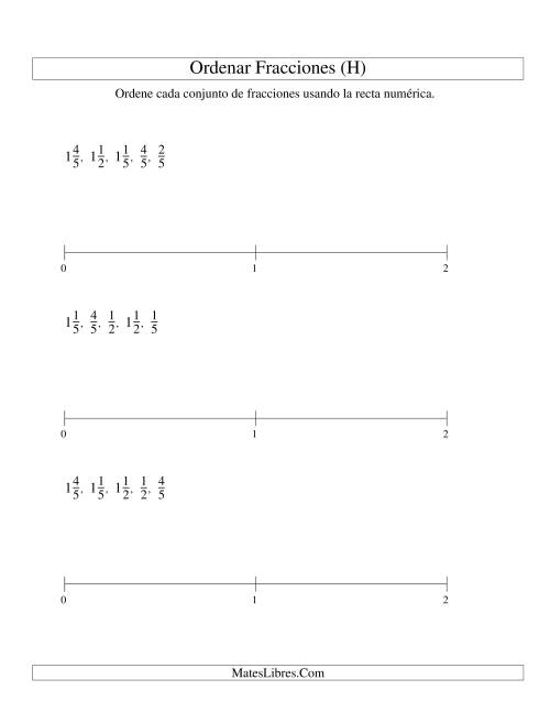 La hoja de ejercicios de Ordenar Fracciones en una Recta Numérica, Denominadores Sencillos Hasta 10 (H)