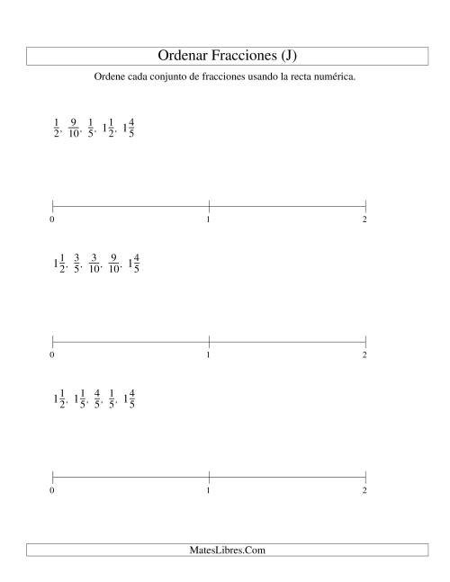 La hoja de ejercicios de Ordenar Fracciones en una Recta Numérica, Denominadores Sencillos Hasta 10 (J)