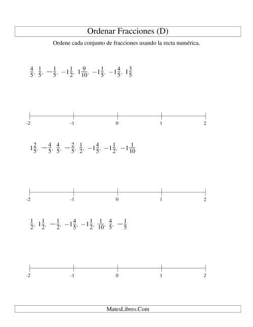 La hoja de ejercicios de Ordenar Fracciones en una Recta Numérica, Denominadores Sencillos Hasta 10 con Negativos (D)